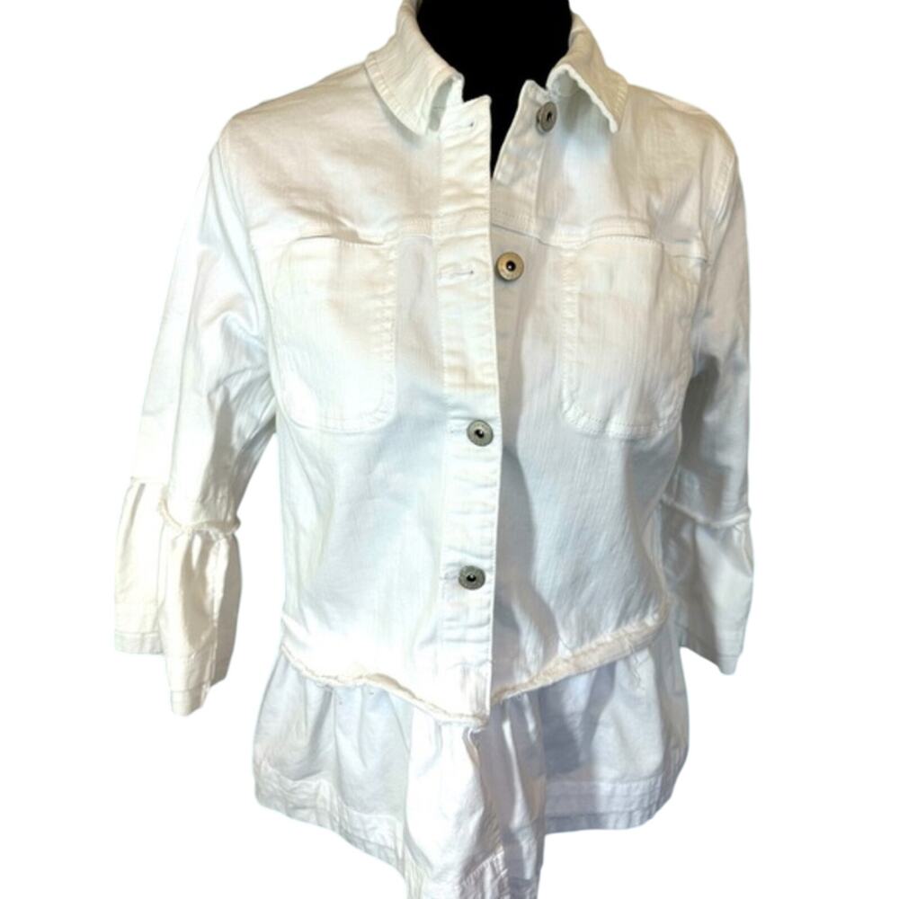 Style & Co White Denim Jacket with Ruffle | Women’s Size M